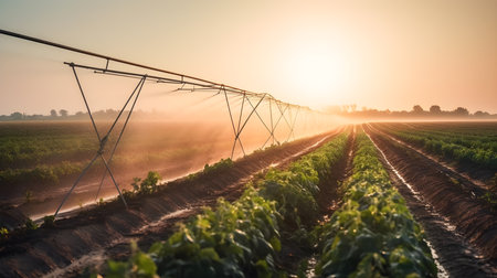 Agricultural field being irrigated by a modern irrigation system at sunset. Generative a.i.の素材