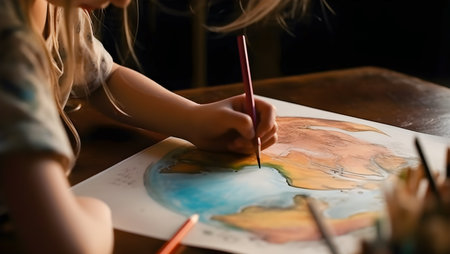 Girl coloring a drawing of planet earth with a pencil. Generative ai.の素材