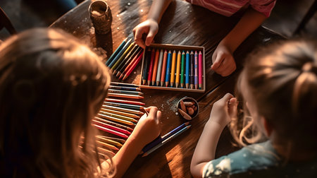 Children coloring with crayons on a wooden table. Generative a.i.の素材