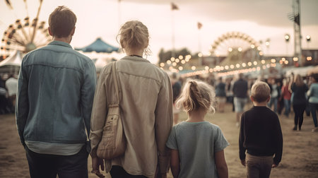 Family of a father, mother and two children spending a happy family day at an amusement park. Genertive ai.の素材