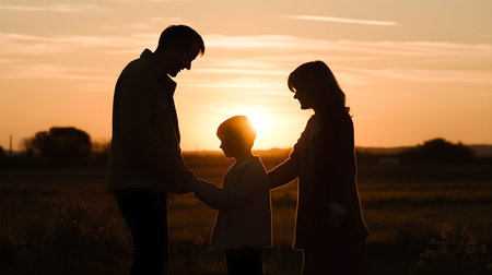 Family of a father, mother and daughter holding hands at sunset. Generative a.i.の素材