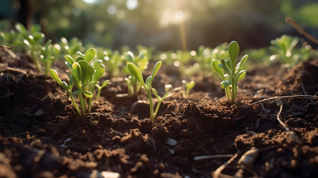 Plants growing out of the ground at sunset. High quality. Gerative aiの素材