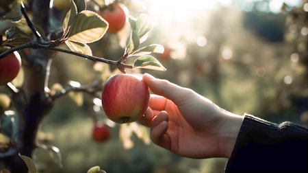 Hand picking a red apple from a tree at sunset. Generative a.i.の素材