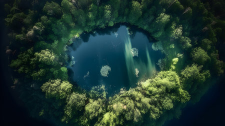 Aerial landscape of a lake in the middle of a forest. Mother nature. Generative a.i.の素材