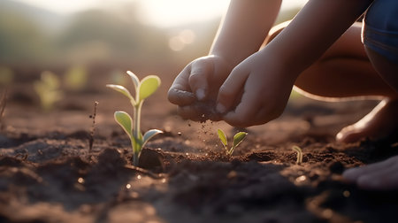 Hands of a child caring for a plant that grows out of the earth. Generative a.i.の素材