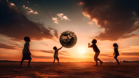 Children playing with a ball of planet earth at sunset. Generative ai.の素材