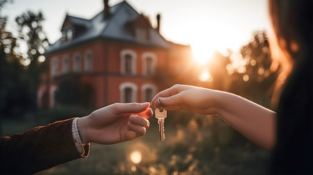 Woman real estate agent giving a man the keys to his new home. In the background is a nice house at sunset. Generative ai.の素材