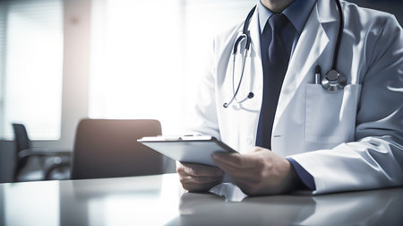 Doctor in white coat in his office using a tablet treating his patient. Concept of medicine and health. Generative a.i.の素材
