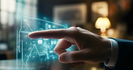 Hand of a businessman pointing to graphics generated by a hologram. Concept of work, business, statistics and future. generative aiの素材