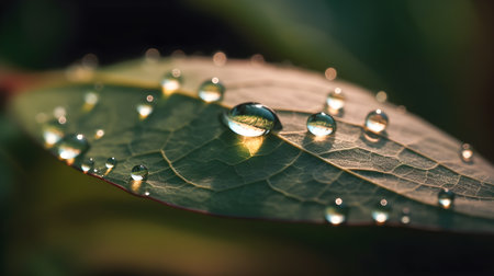 Macro photograph of a drop of water on a plant leaf. Concept of nature and life. Generative a.i.の素材