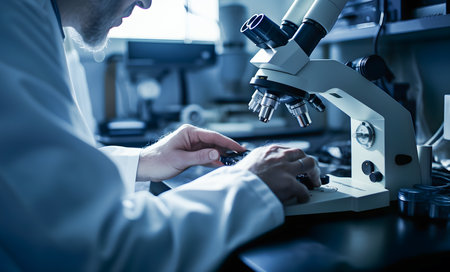 Scientist investigating with his microscope in a laboratory. Concept of science and research. Generative a.i.の素材