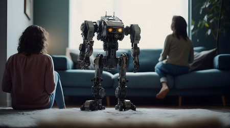 Robot using artificial intelligence in the living room of a house with the family sitting looking out the window. Technology and robotics concept. Generative a.i.の素材