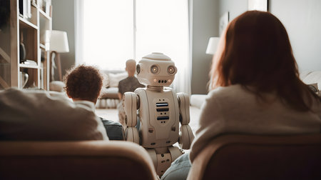Family sitting on their living room sofa watching a robot assistant using artificial intelligence. Concept of technology, robotics and security. Generative a.i.の素材