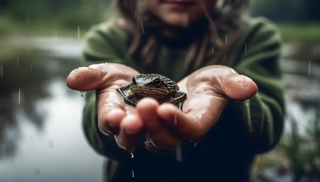 Boy in the rain hunting frogs, showing a frog he has caught with his hands. Generative a.i.の素材