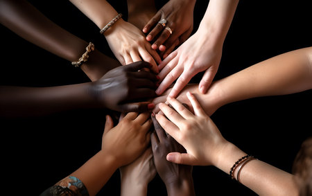 Multiracial group with black African-American Caucasian and Asian hands joining hands against racism. Unity of races and social classes. Generative a.i.の素材