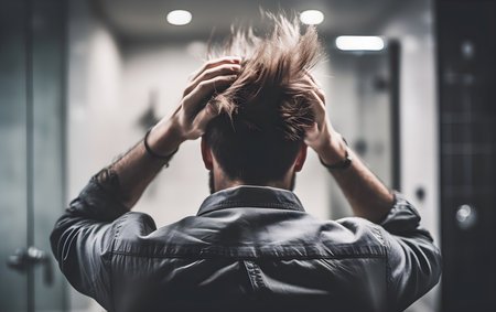 Man looking in the mirror and touching his hair worried about a problem or hair loss. Concept of worry and despair.の素材