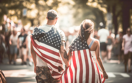 Man and woman holding hands with USA flags celebrating Independence Day on July 4.の素材
