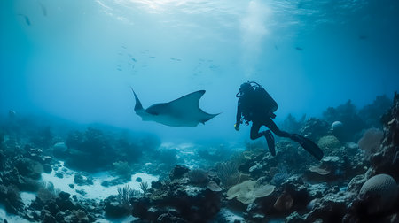 Diver diving in the bottom of the sea with corals, fish and a manta fish. Marine fauna and flora.の素材