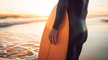 Surfer with his surfboard and wetsuit on the seashore watching the sunsetの素材