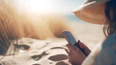 Woman on the beach with hat looking at cell phoneの素材
