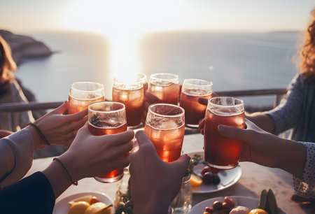 Group of friends eating and toasting on a sunset terrace overlooking the seaの素材