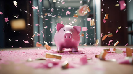 Piggy bank in the shape of a pink pig surrounded by money. Concept of payday and savings.の素材