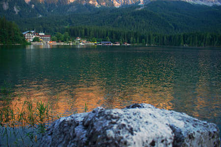 View of Eibsee is a lake in Bavaria, Germany,  With reflection of mountain in waterの写真素材