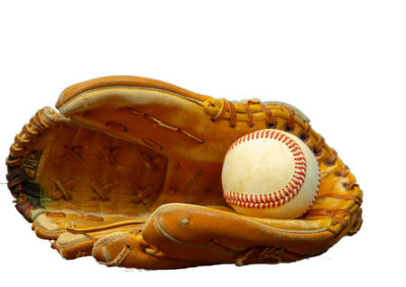 Baseball Glove with Ball in mitt and a white backgroundの写真素材