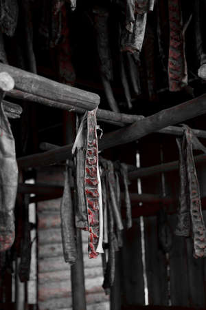 Salmon hanging on racks in outdoor smokehouse, Alaskaの写真素材
