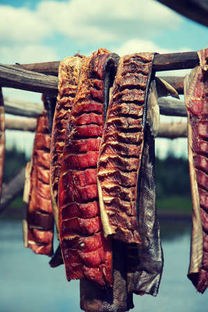 Fresh caught Salmon hanging to dry and smoke in by River in Fairbanks Alaskaの写真素材