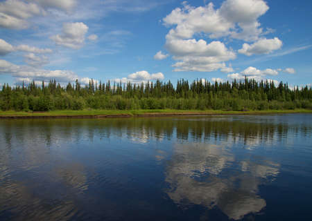 Forest on Riverbank with blue sky and clouds reflected in the water.の写真素材
