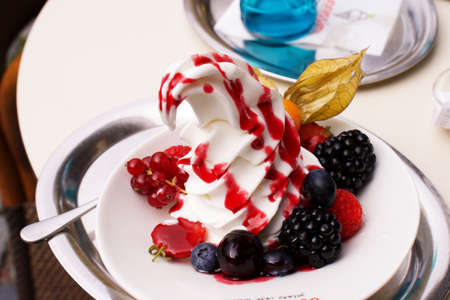 Close up on frozen dessert, ice cream with wild berriesの写真素材