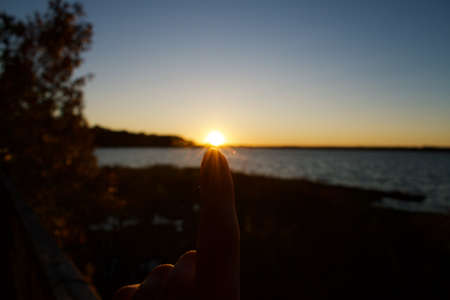 Sunset over Belmont Bay, with silhouette of trees and land.の写真素材