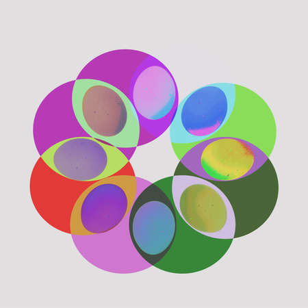 Eight eggs arranged in a circle with abstract color backgrounds