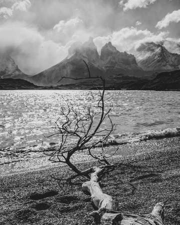 Mountain peaks of Torres del Paine in Patagonia National Park Chile, with a lake in the foreground.の写真素材