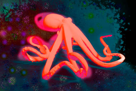 Stone octopus with an abstract background in bold, bright colors.の写真素材