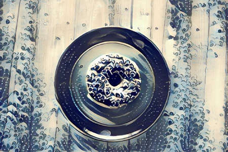 Glazed and sprinkled donut on a plate, edited to look like a piece of artwork.