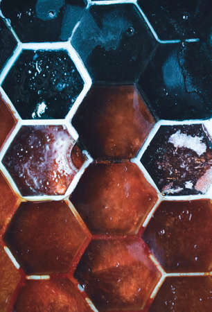 The abstract background creates with food dye and a hexagon ice cube tray.の写真素材