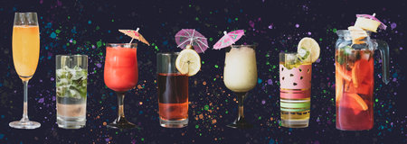 Set of different cocktails on a dark background with splashes and drops
