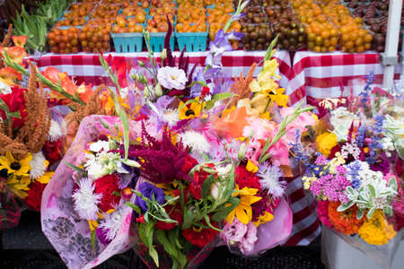 Bouquet of flowers on display for sale at farmer's marketの写真素材