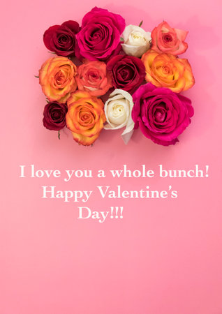 Bunch of rose flowers with pink background, and Valentine's Day Text in white.
