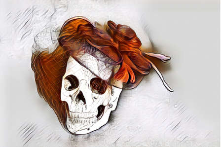 Life-size plastic human skull with a fancy hat, edited with different art styles.の写真素材