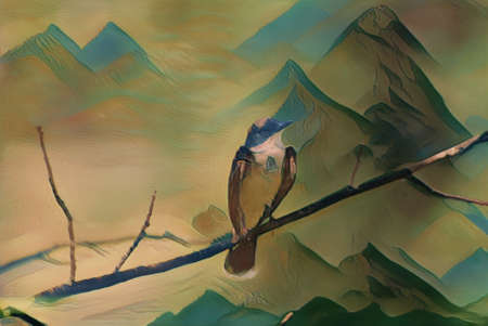 Small Swallow perched on a tree branch, with abstract background.
