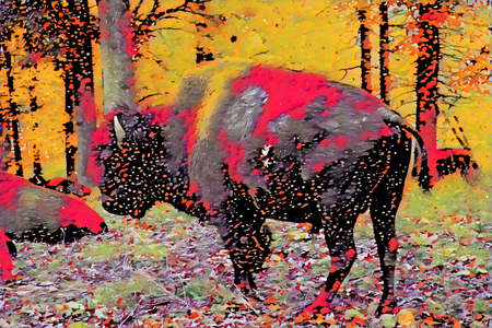 Abstract illustration of a Bison in a woodland area.  With neon color palette.の写真素材