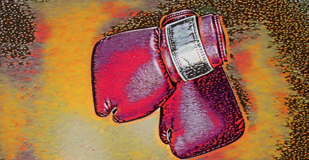Painted photo of pink boxing gloves with a yellow background.の写真素材