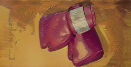 Painted photo of pink boxing gloves with a yellow background.の写真素材