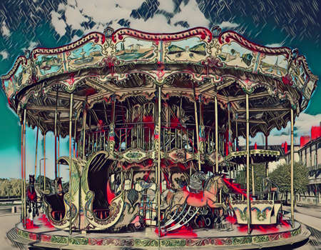 Brightly colored carousel, edited to look like a painting or drawing. In Tours France.の写真素材
