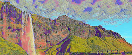Wide angle of Iceland waterfall seljalandsfoss on a sunny summer day.   Edited to look like a painting.の写真素材