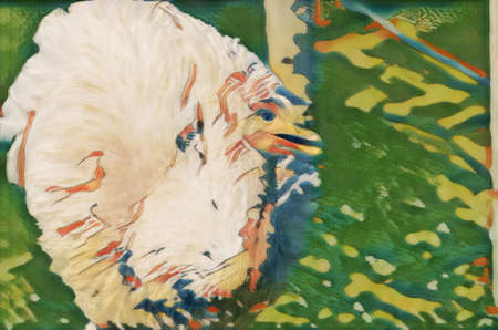 Watercolor painting on canvas of a white bird in the form of a dragonの写真素材