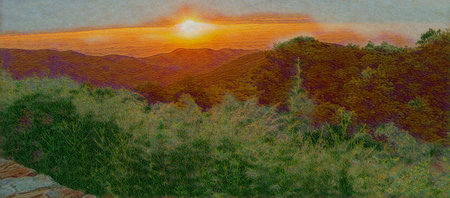 Sunrise over meadows, mountains of Shenandoah National Park.  With plants, flowers, and stone wall.の写真素材